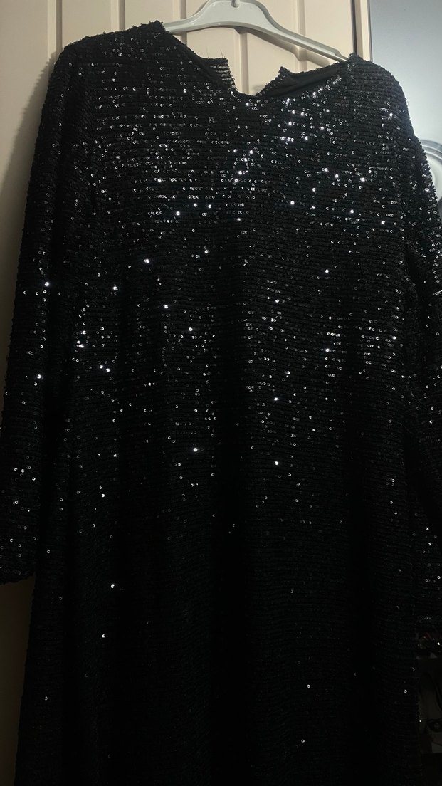 Siyah Simli Uzun Kollu Uzun Abiye Elbise - Görsel 4