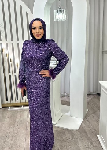 Mor Parlak Kürklü Uzun Abiye Elbise - Görsel 2