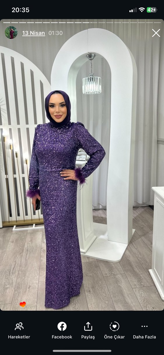 Mor Parlak Kürklü Uzun Abiye Elbise - Görsel 2