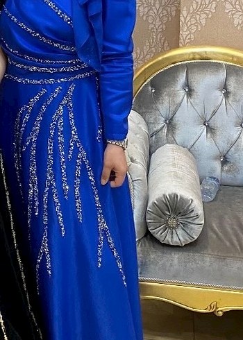 Uzun Kollu Mavi İşlemeli Abiye Elbise - Görsel 2