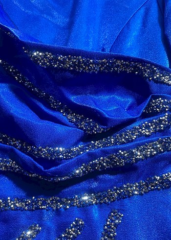 Uzun Kollu Mavi İşlemeli Abiye Elbise - Görsel 5