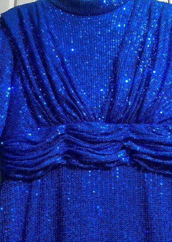 Drapeli Yüksek Yakalı Uzun Kollu Mavi Abiye Elbise - Görsel 4