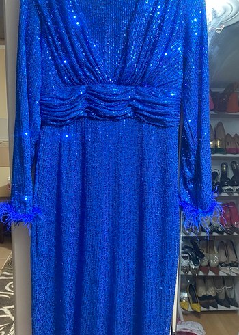 Drapeli Yüksek Yakalı Uzun Kollu Mavi Abiye Elbise - Görsel 3