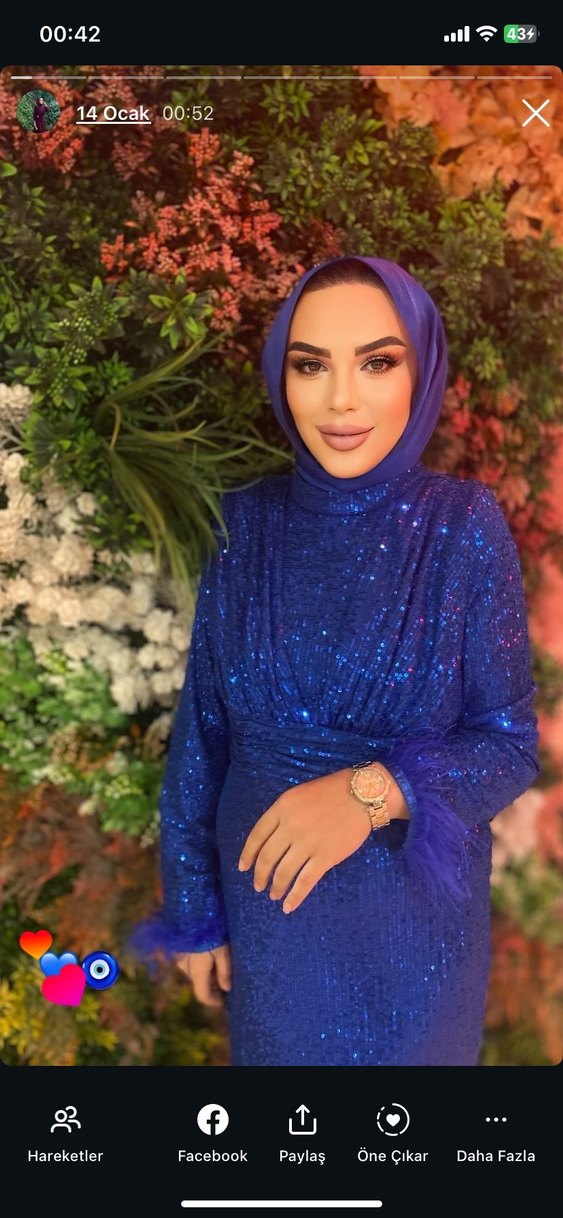 Drapeli Yüksek Yakalı Uzun Kollu Mavi Abiye Elbise - Görsel 2