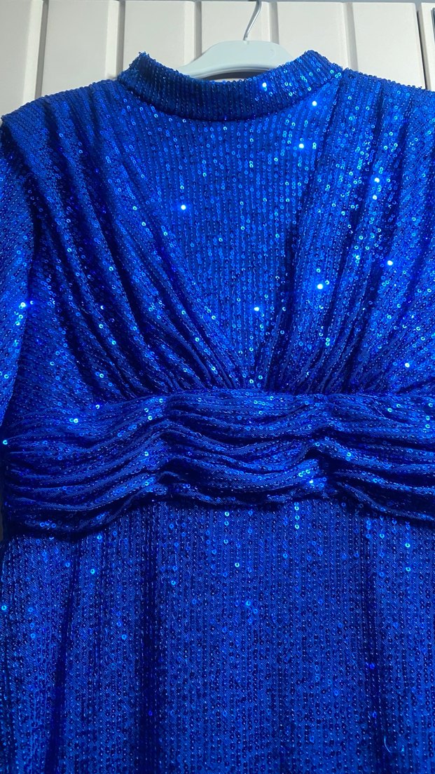 Drapeli Yüksek Yakalı Uzun Kollu Mavi Abiye Elbise - Görsel 4