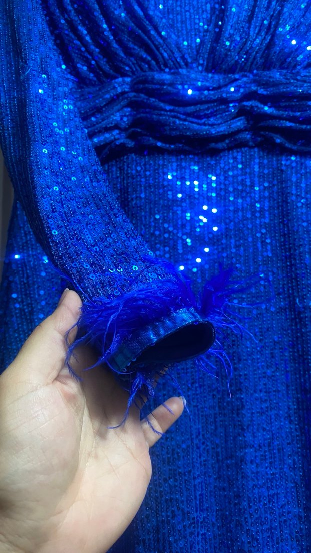 Drapeli Yüksek Yakalı Uzun Kollu Mavi Abiye Elbise - Görsel 5