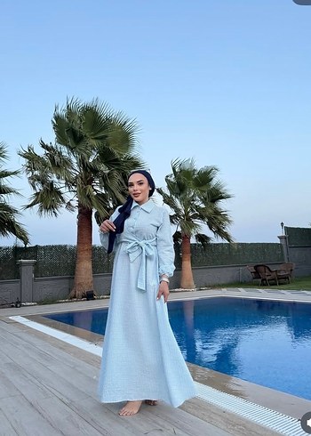 Mavi Uzun Drapeli Salaş Elbise - Görsel 2