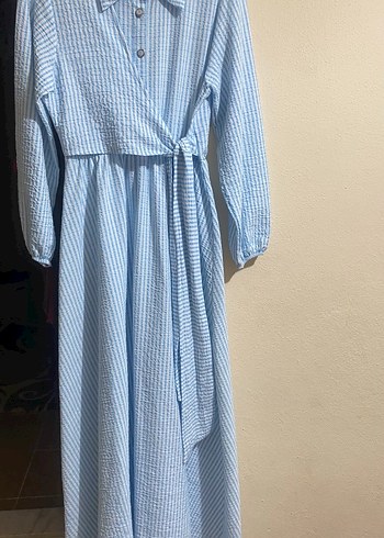 Mavi Uzun Drapeli Salaş Elbise - Görsel 5