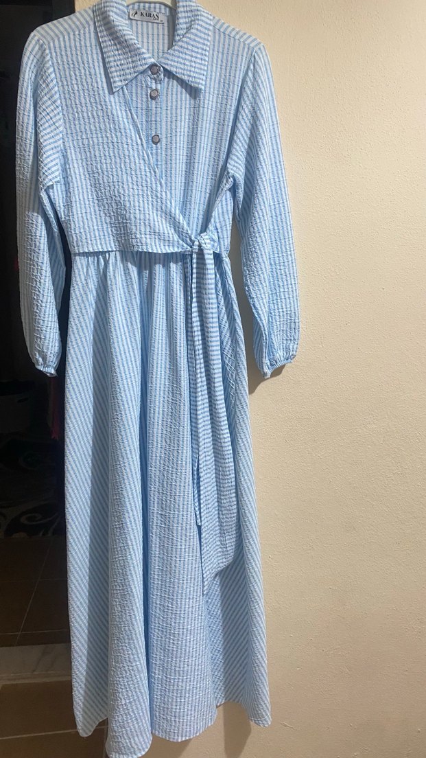 Mavi Uzun Drapeli Salaş Elbise - Görsel 5