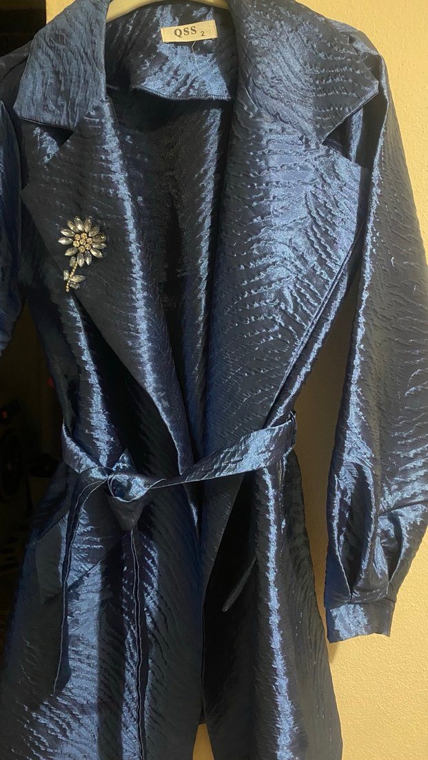 İşlemeli Mavi Uzun Kadın ceket - Görsel 3