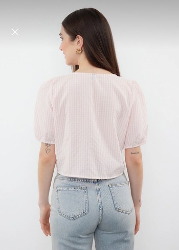 Düğmeli V Yaka Pembe pötikare Bluz gömlek - Görsel 2