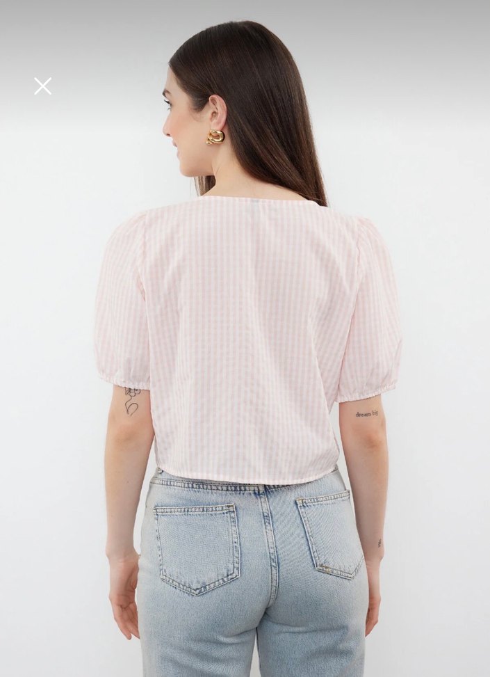 Düğmeli V Yaka Pembe pötikare Bluz gömlek - Görsel 2