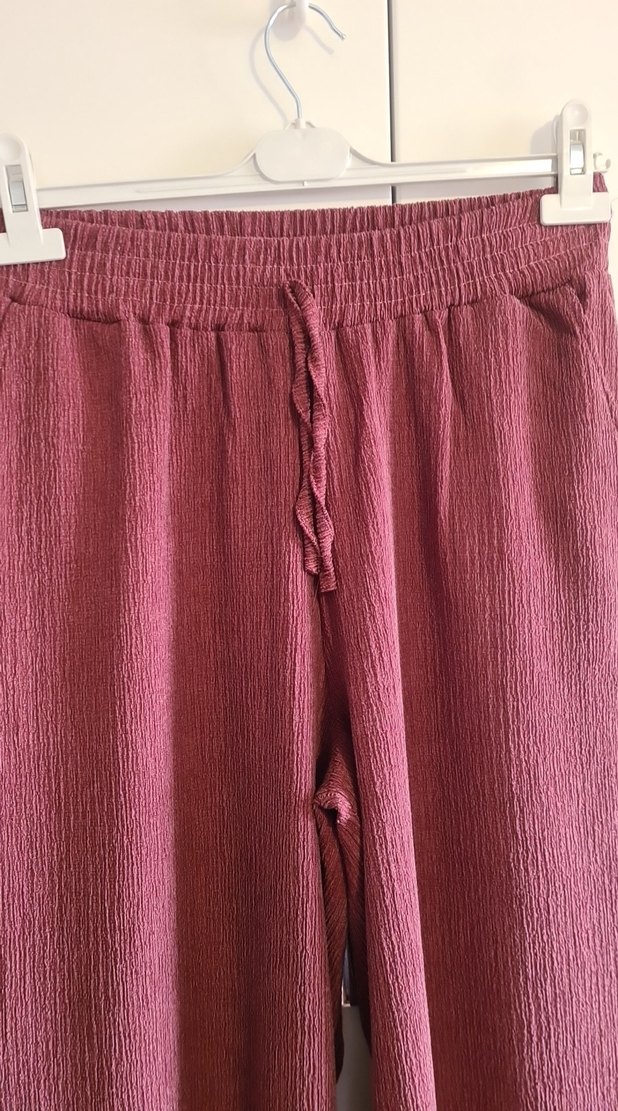 Kadın Bordo Keten Piliseli Bol Kesim Pantolon - Görsel 3