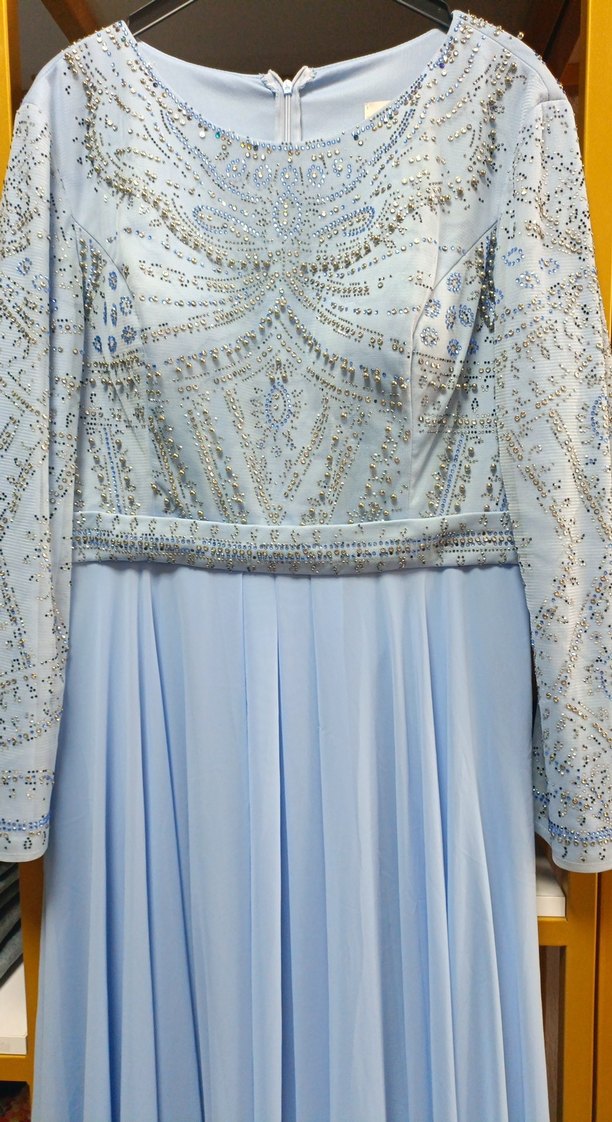 Uzun Kollu Mavi İşlemeli Kadın Abiye Elbise - Görsel 2