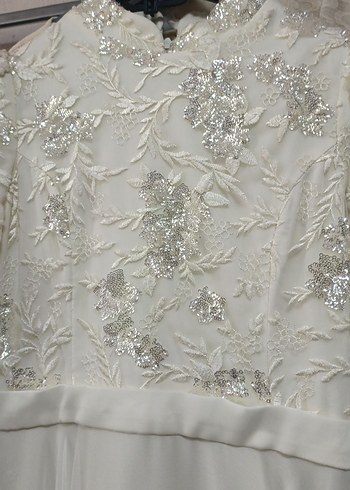 Uzun Kollu Beyaz Drape Detaylı Abiye Elbise - Görsel 2