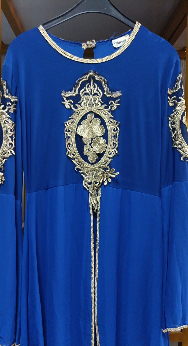 Mavi İşlemeli Uzun Kollu Kadın Elbise - Görsel 2