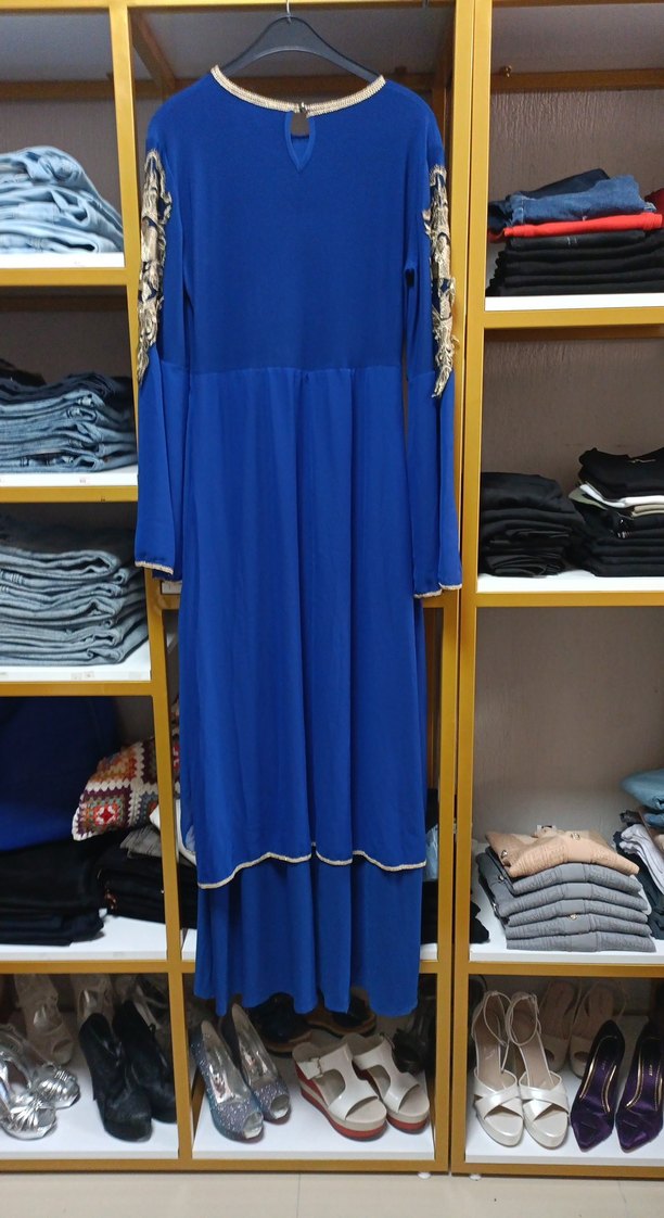 Mavi İşlemeli Uzun Kollu Kadın Elbise - Görsel 3