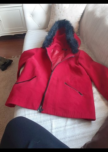 Kürklü Kapüşonlu Kırmızı Midi Kaban - Görsel 6