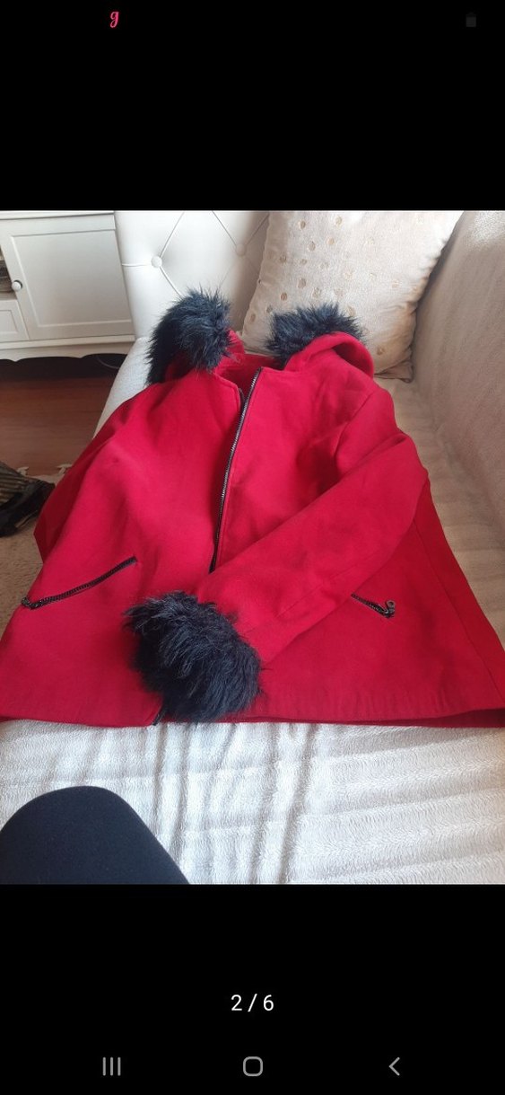 Kürklü Kapüşonlu Kırmızı Midi Kaban - Görsel 5