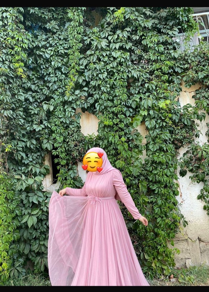 Uzun Pudra Pembe Drapeli Tesettür Abiye - Görsel 3