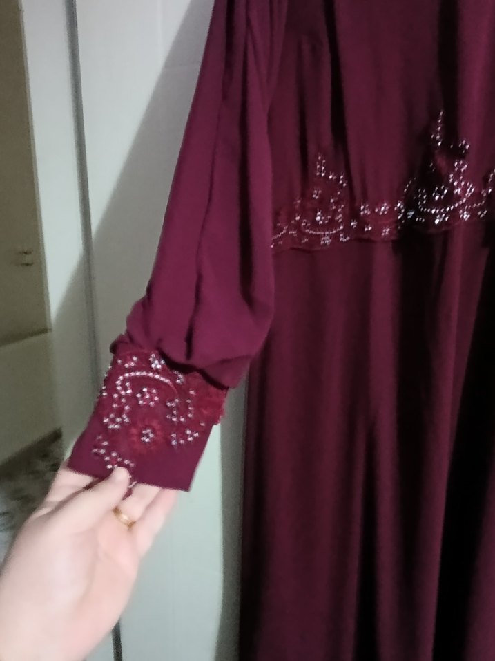 Bordo Uzun Kollu Nakışlı Kadın Abiye Elbise - Görsel 2