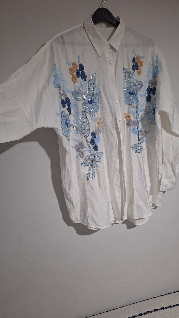 Nakışlı Pamuklu Uzun Kollu Gömlek - Görsel 5