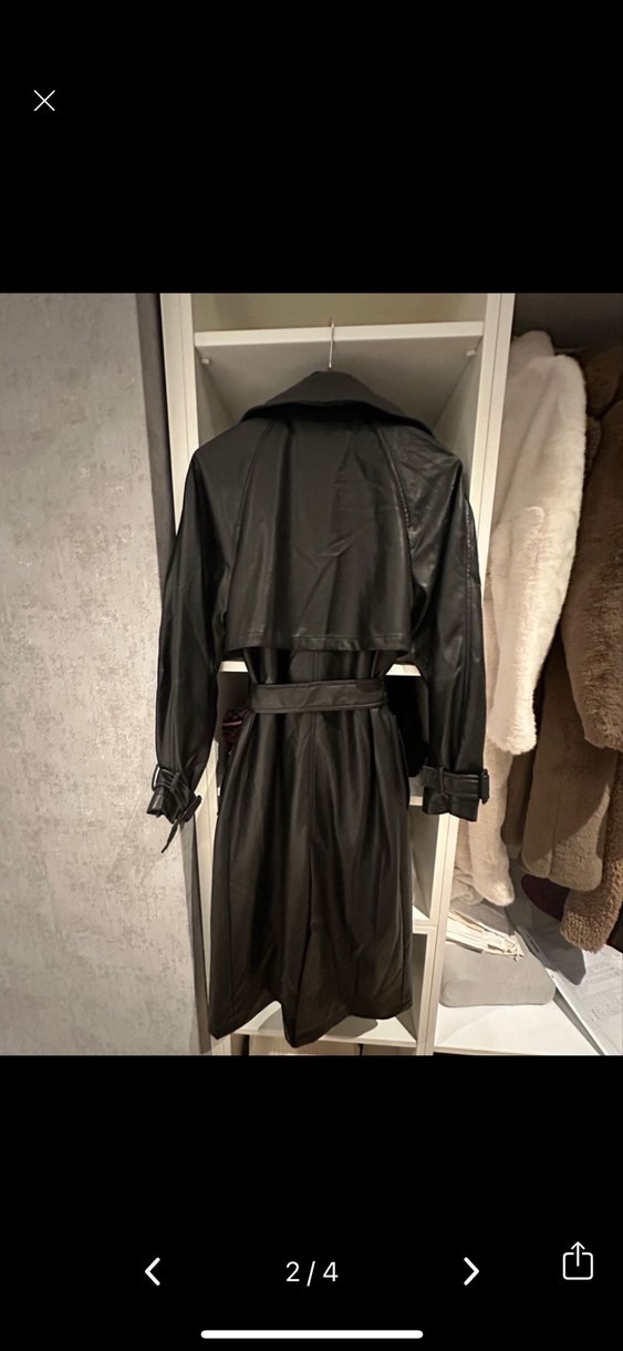 Siyah Deri Kemerli Uzun Kadın Trençkot - Görsel 2