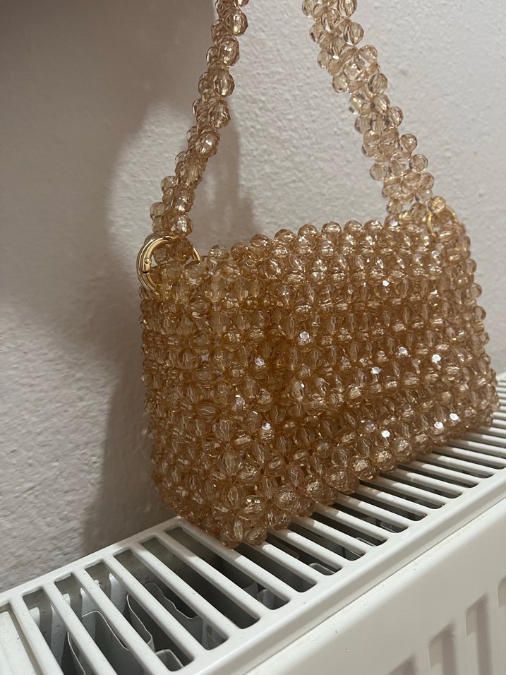 Boncuk İşlemeli Bej Örgü Kadın Çanta - Görsel 2