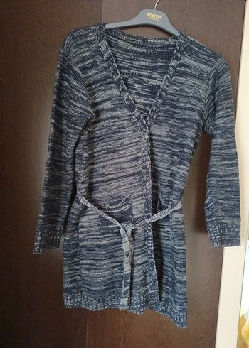 Gri Uzun Örgü V Yaka Kadın Hırka - Görsel 2