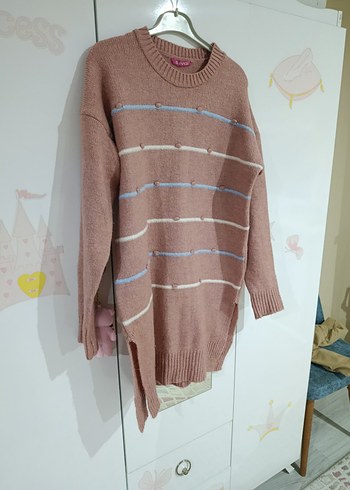 Bej Çizgili Uzun Kollu Triko Kadın Kazak - Görsel 4