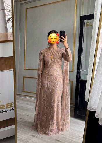Henna Gelinlik Uzun Kollu Drapeli Bej Abiye Elbise