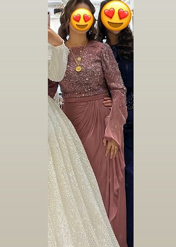 Henna Gelinlik Uzun Drapeli Pembe Abiye Elbise