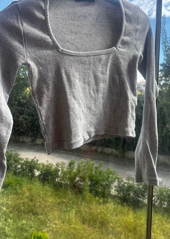 m Beden Gri Uzun Kollu Crop Top Kadın