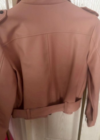 Pembe Kemerli Kadın Deri Biker Ceket - Görsel 5