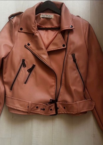 Pembe Kemerli Kadın Deri Biker Ceket - Görsel 2