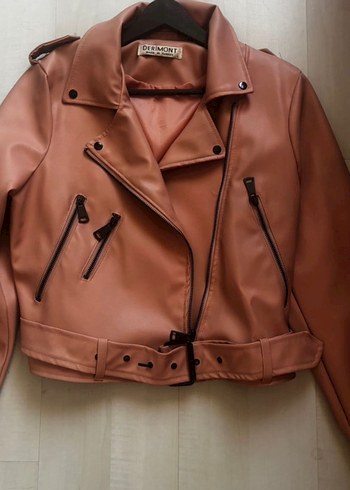 Pembe Kemerli Kadın Deri Biker Ceket - Görsel 3