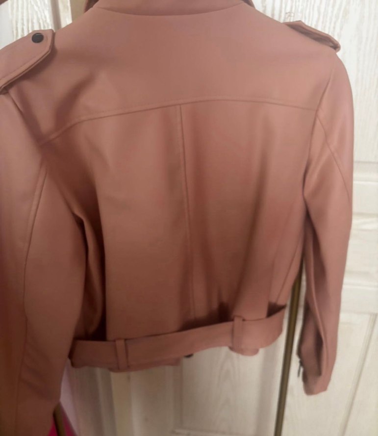 Pembe Kemerli Kadın Deri Biker Ceket - Görsel 5