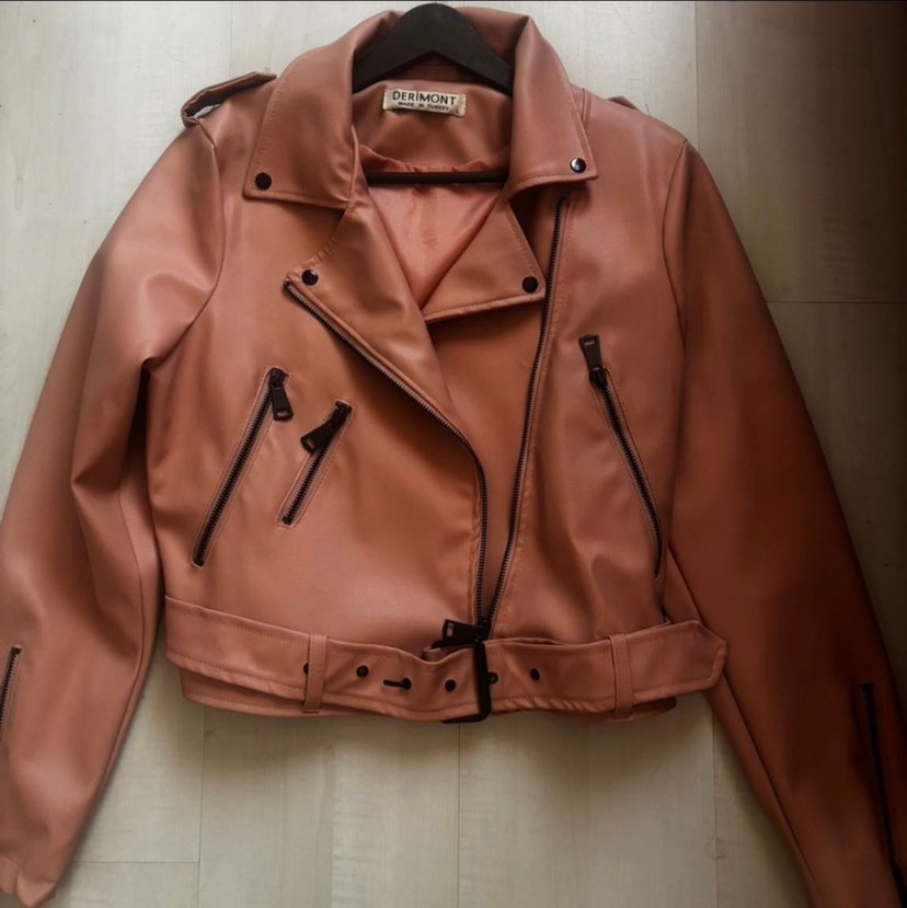 Pembe Kemerli Kadın Deri Biker Ceket - Görsel 2