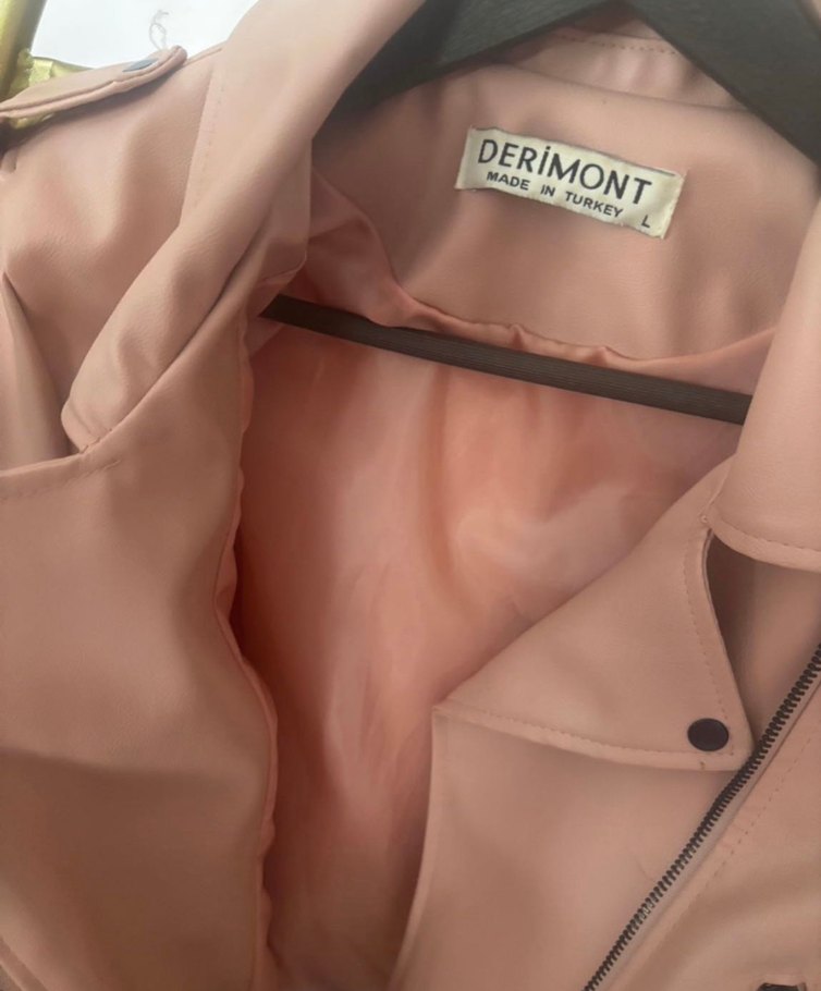 Pembe Kemerli Kadın Deri Biker Ceket - Görsel 4