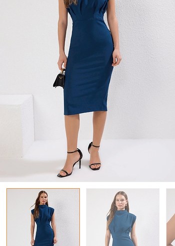 Mavi Drapeli V Yaka Kalem Elbise - Görsel 2