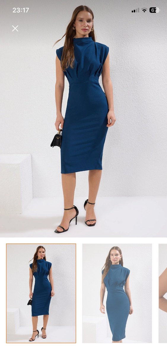 Mavi Drapeli V Yaka Kalem Elbise - Görsel 2