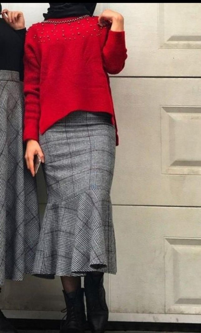 Gri Ekose Desenli Midi Triko Balık Etek - Görsel 2