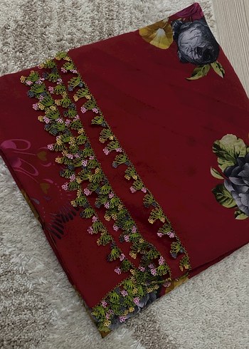 Boncuk İşlemeli Bordo Bohem Kadın Fuları - Görsel 2