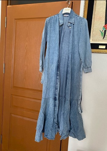 Kadın Uzun Kot Elbise Kemerli Mavi - Görsel 3