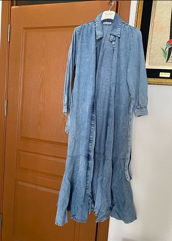 Kadın Uzun Kot Elbise Kemerli Mavi - Görsel 2