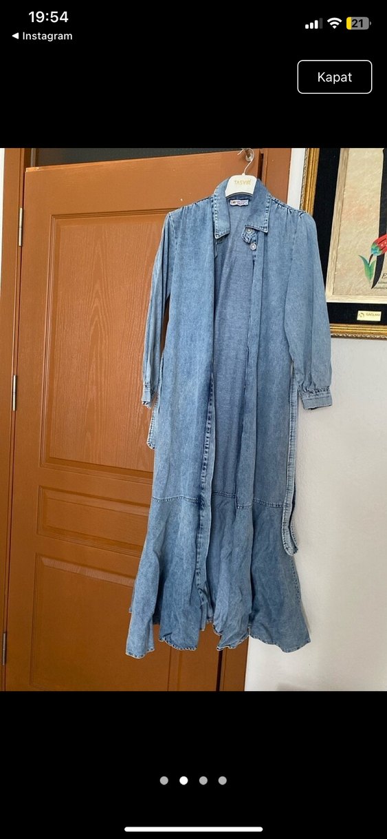 Kadın Uzun Kot Elbise Kemerli Mavi - Görsel 3