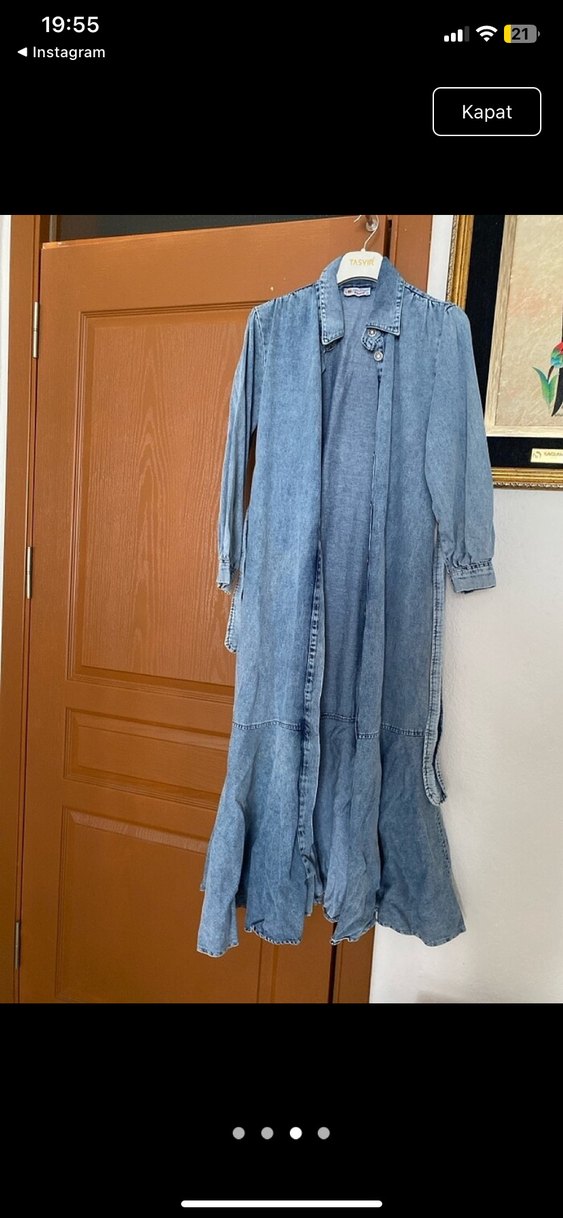 Kadın Uzun Kot Elbise Kemerli Mavi - Görsel 4