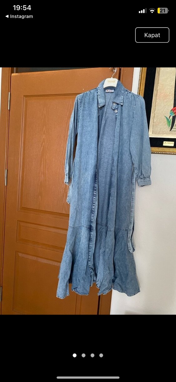 Kadın Uzun Kot Elbise Kemerli Mavi - Görsel 2