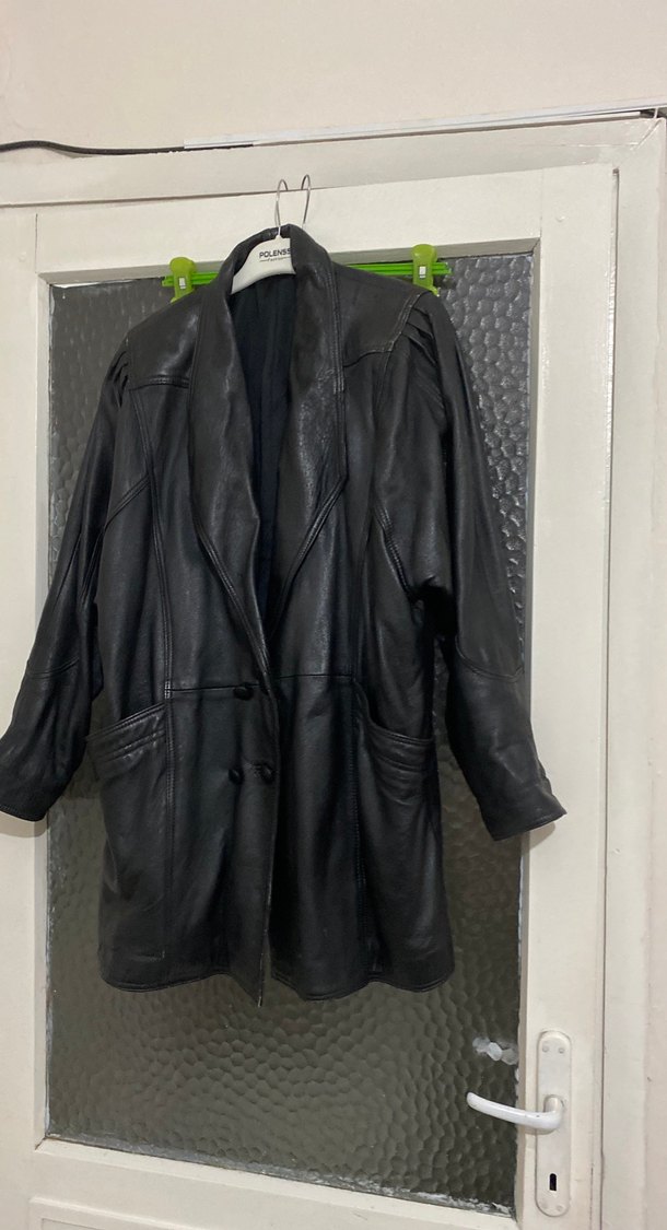 Uzun Siyah Deri Kadın Ceket - Görsel 2