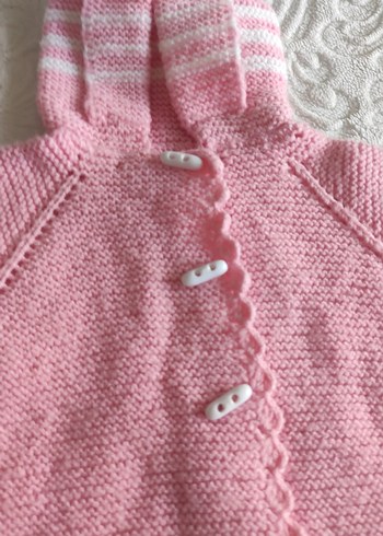 Pembe Kapüşonlu Kız Çocuk Örgü Hırka - Görsel 2